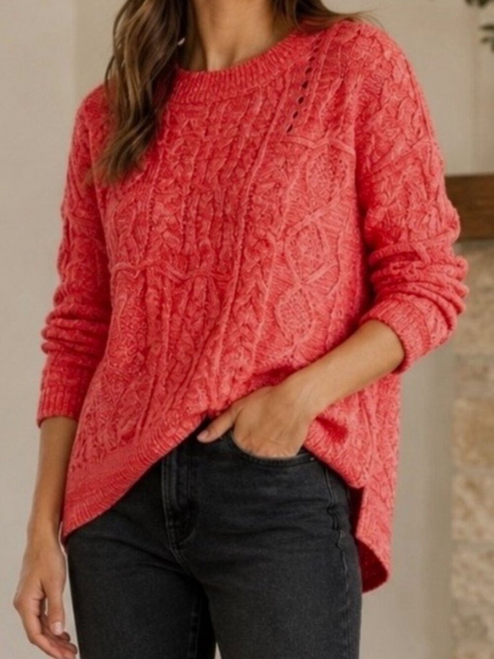 Anthropologie Pilcro Sweater Women's Cotton Crew-Neck Cable-Knit, Red, Size S